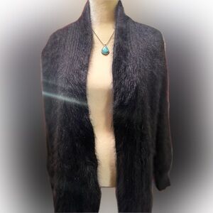 Highest Quality VENESHA 80% Angora Black Fuzzy Jacket, Coat, Cardigan Sweater L